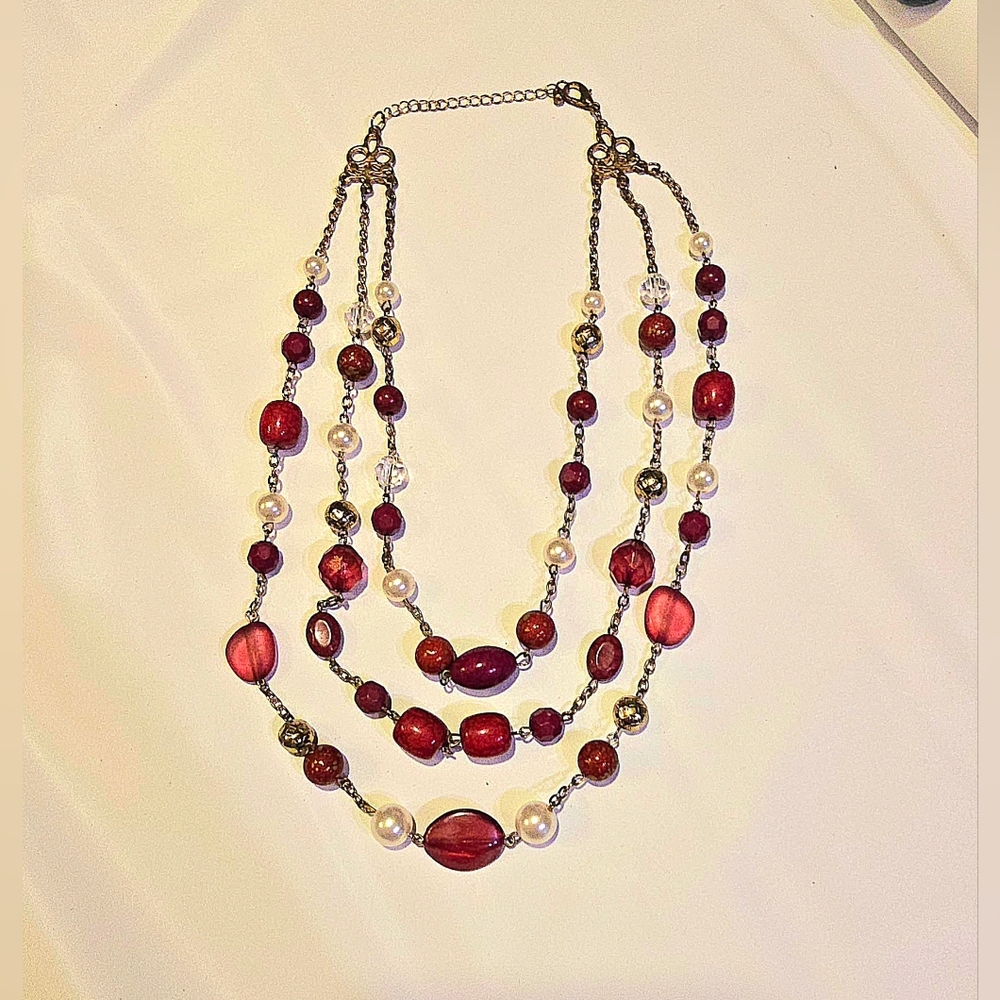 VTG 1990s Boho Multi Strand Beaded Necklace Burgundy Pearl Waterfall